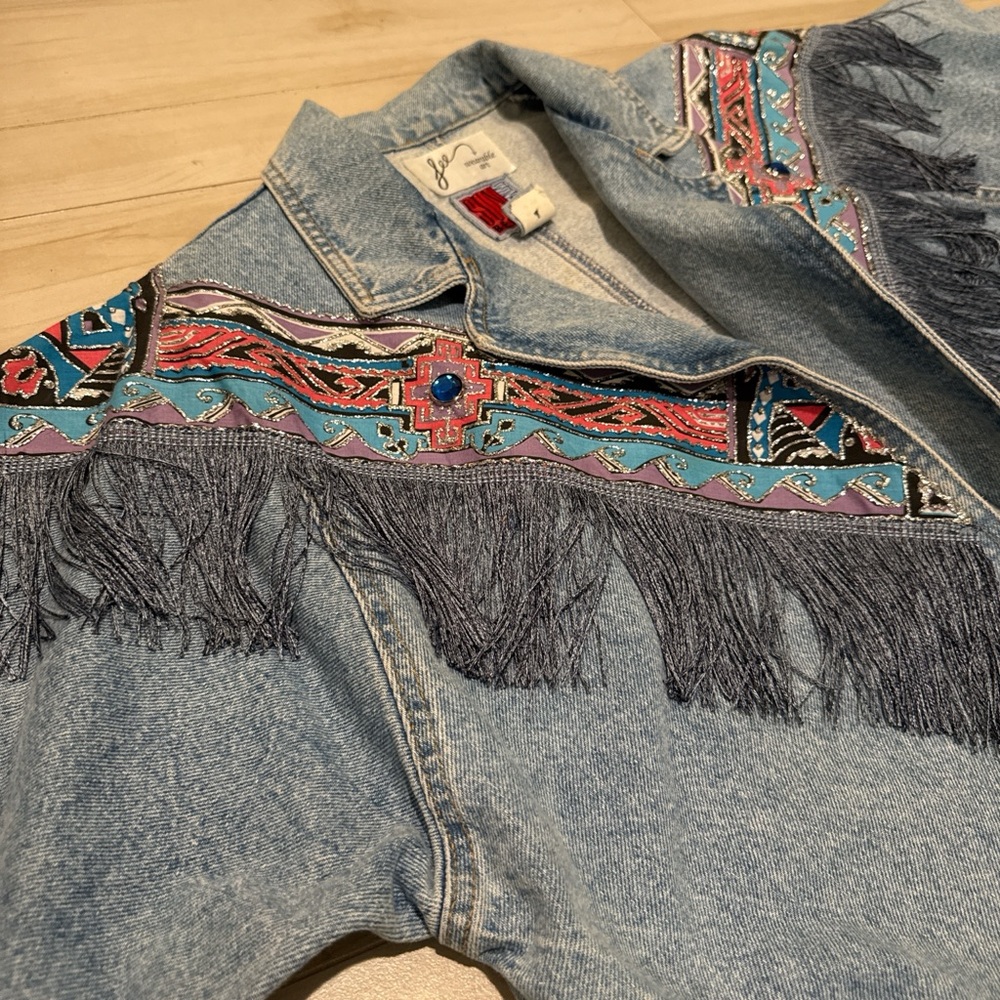 Vintage 90s #Denim Fringe Trench • Aztec #Western Jacket • FREE SHIPPING - Picture 5 of 16